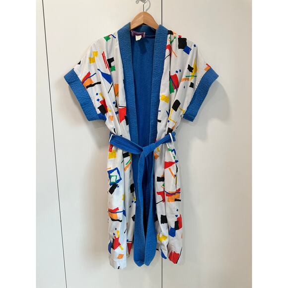 Vintage 80s Unisex Robe Terry Cloth Geo Print Size Medium Womens Quirky Fun - Picture 3 of 9